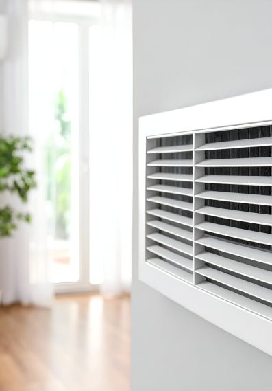 Close-up of a white air vent installed on a light gray wall in a modern living room.