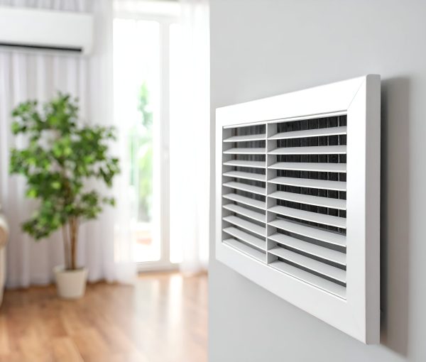 Close-up of a white air vent installed on a light gray wall in a modern living room.